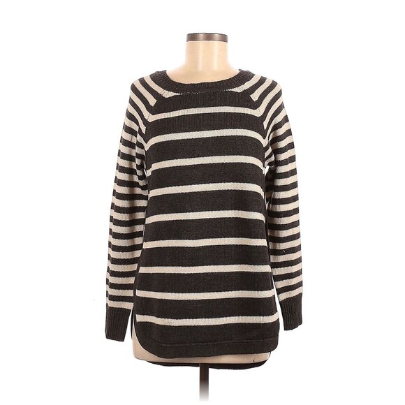 RDI Gray White Stripped Thick Woven Knitted Pullover Open Sides Sweater Medium - Picture 1 of 2